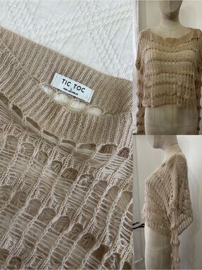 Beige Open-Knit Off-the-Shoulder Sweater